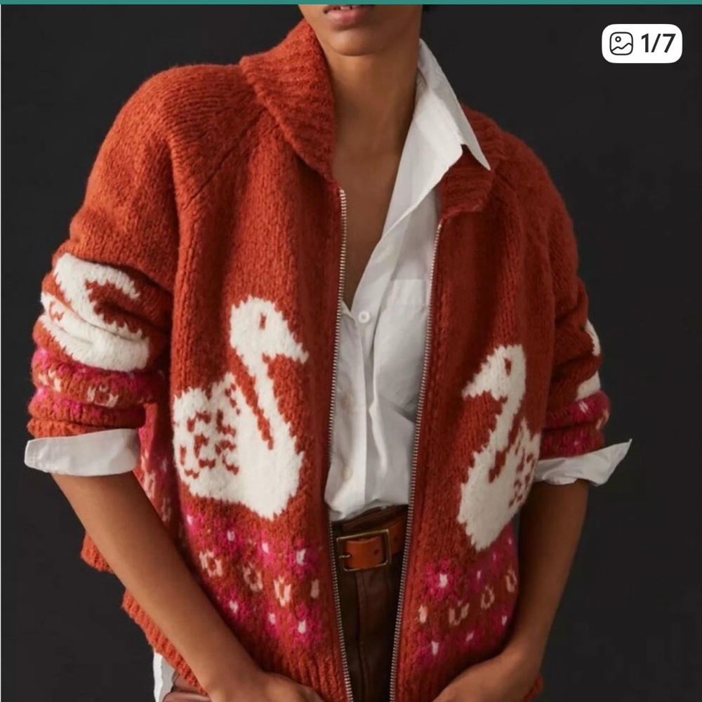 Anthropologie Maeve Rust Orange Swan Open Knit Wool Blend Zip Up Sweater, XS - Picture 2 of 14